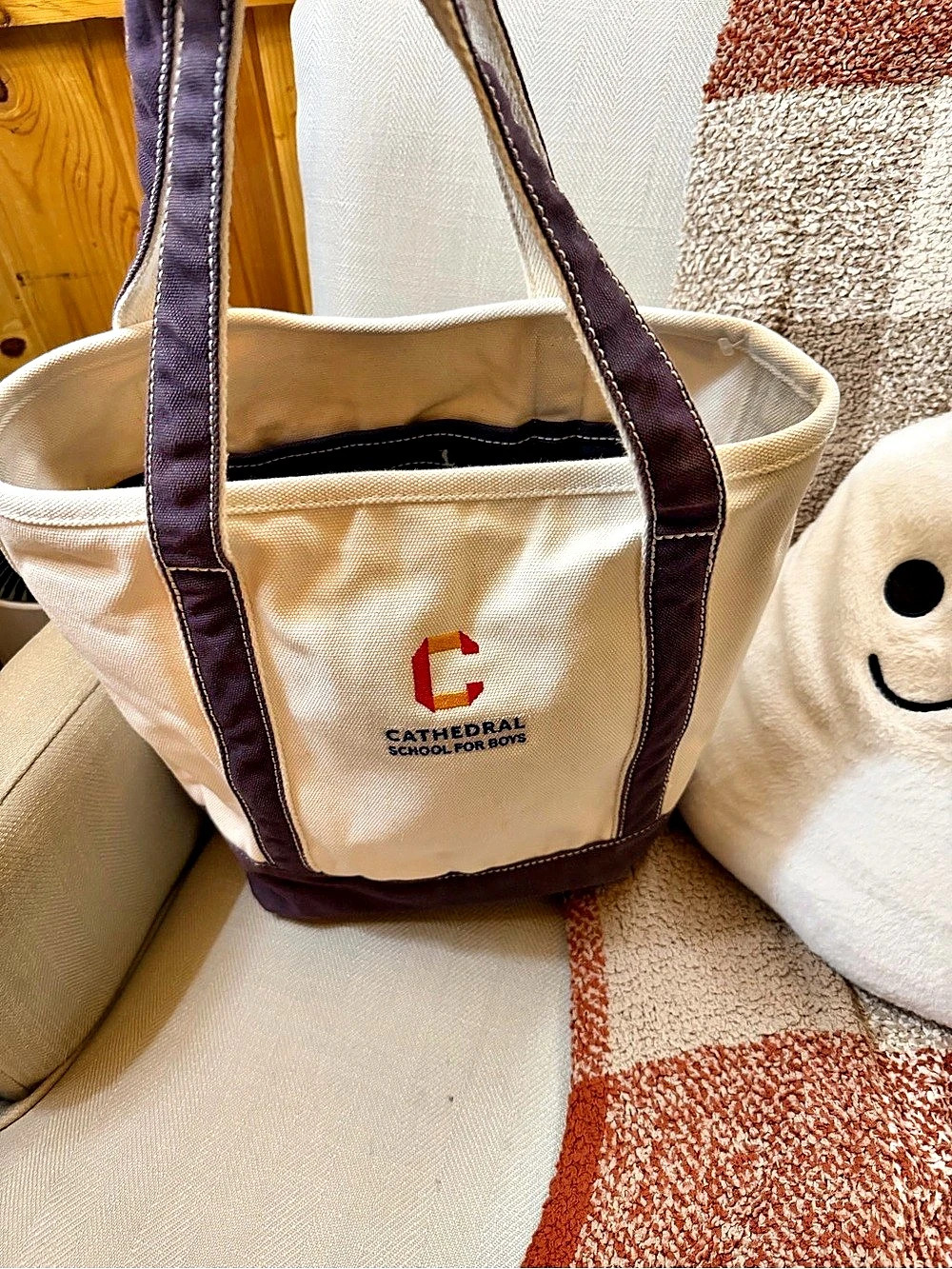 Lands' End Open Top Canvas Tote Bag Beige & Brown